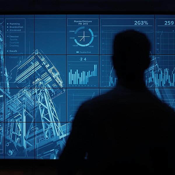 Person mit unscharfem Gesicht analysiert Verkaufsdaten und Stahlbauprojekte auf großem Bildschirm, blaue Farbtöne und industrielles Design betonen strategisches Arbeiten.