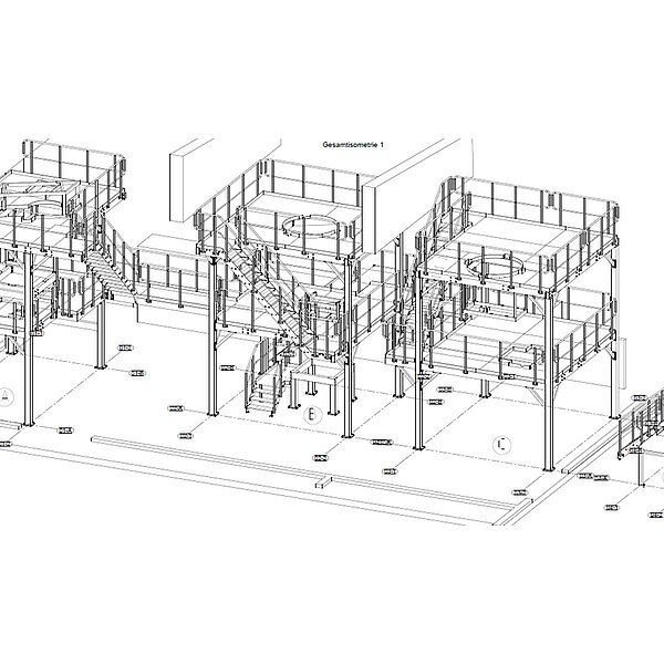 Isometrische technische Zeichnung einer modularen Industrieanlage mit mehreren Plattformen, Treppen und Maschinenkomponenten